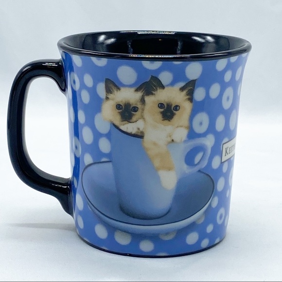 Keith Kimberlin Blue Polka Dot Siamese Kitten Coffee Mug - Picture 1 of 5